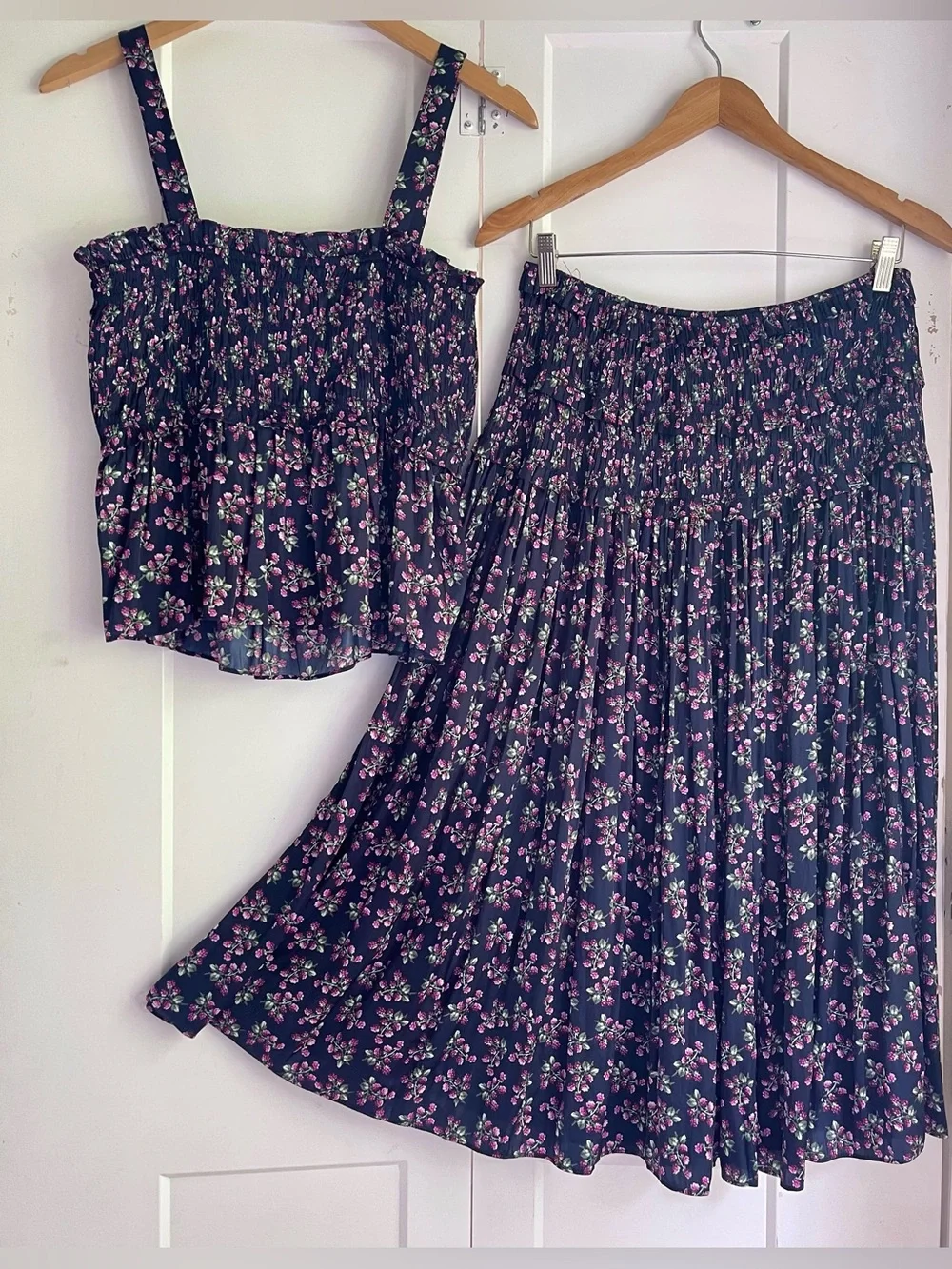 J. Crew 2pc Set Skirt Tank Camisole Featherweight Satin Twilight Berry Smocked L